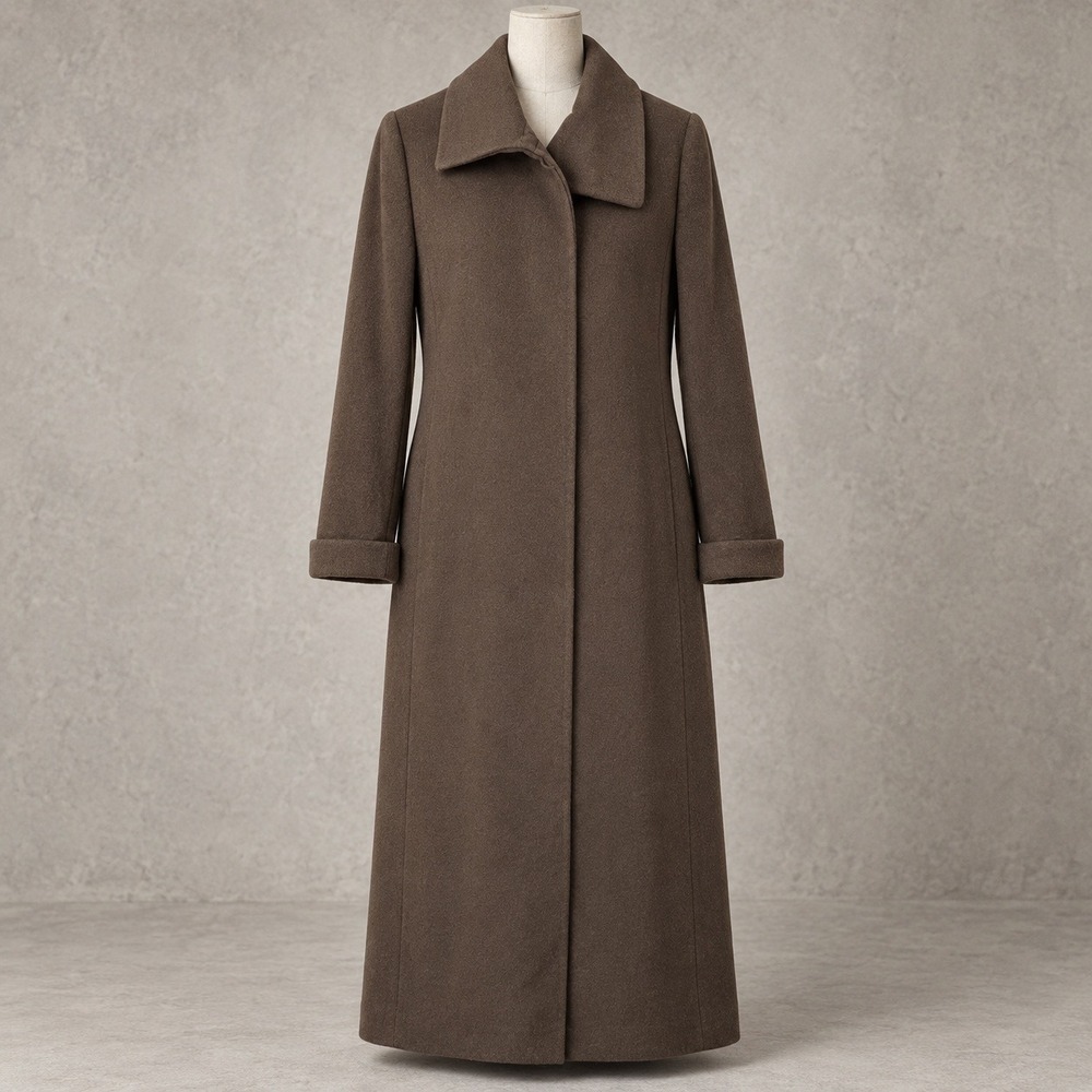 Vintage Long Coat Fleurette L Brown 60% Cashmere 40% Merino Wool Magnetic Luxury